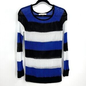 BOSTON PROPER Blue Black White Striped Open Knit Crew Neck Sweater Small